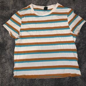 brown blue pink and white striped shirt